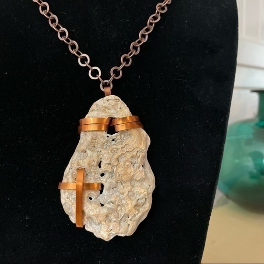 Handmade Shell & Copper Cross Statement Necklace 19.75” Coastal NWT